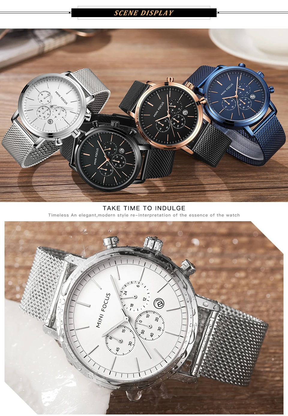 MINIFOCUS, модные мужские наручные часы, роскошный дизайн, кварцевые часы для мужчин, 30 м, водонепроницаемые, синие, из нержавеющей стали, с сетчатым ремешком, Reloj Hombre