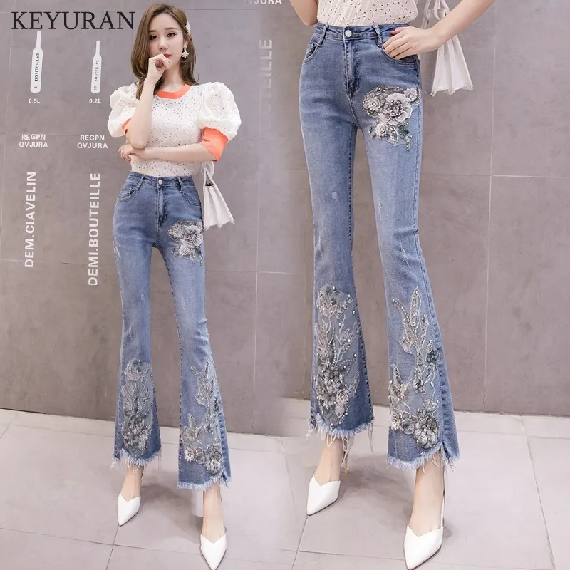 Эластичные женские расклешенные брюки с высокой талией модные длинные из денима