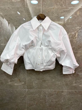 

2020 Early Autumn New Women's Lapel Wrinkle Knot Solid Color Long Sleeve All-match Short Shirt 718