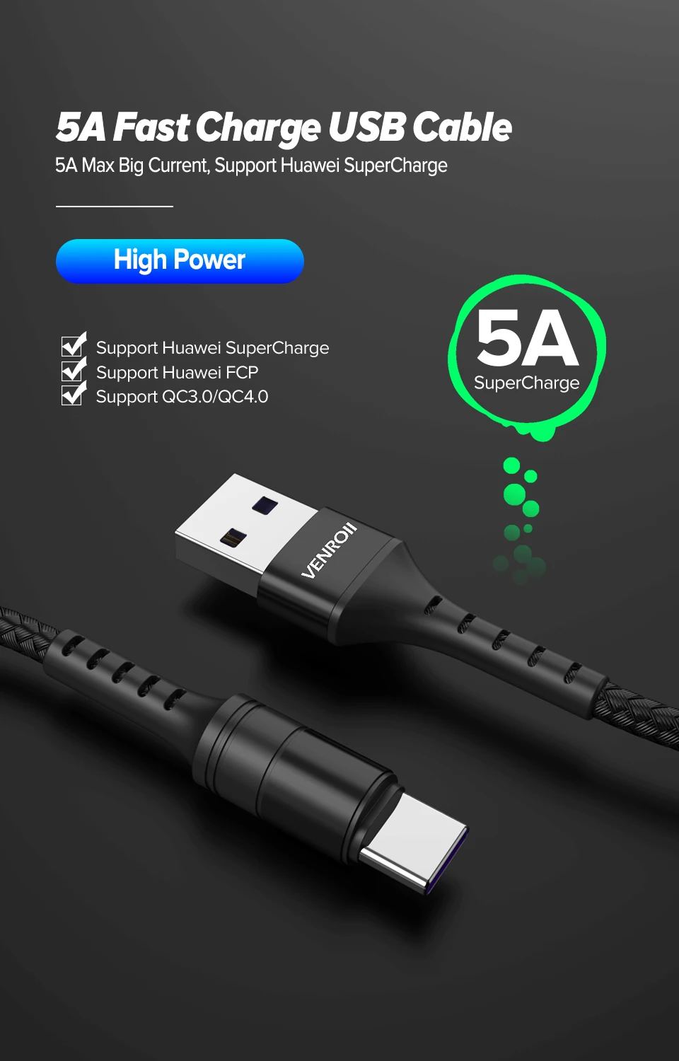 Кабель Venroii usb type C Quick Charge 3,0 4,0 USBC 5A Supercharge type-C для huawei P30 P20 mate 30 20 Pro Honor 10 V20 V10