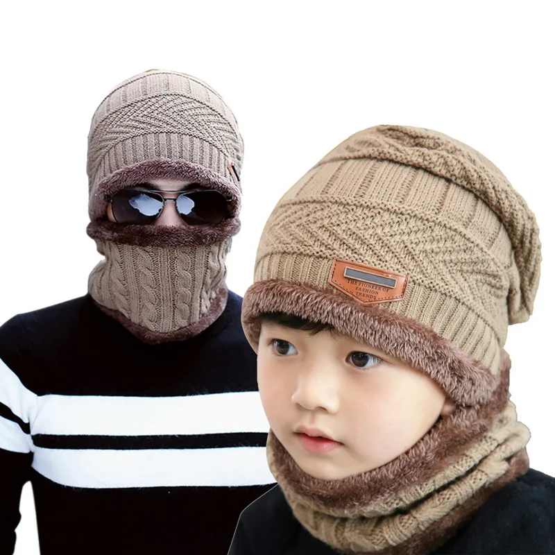 Зимняя вязаная шапка для мальчиков, шарф, набор шапочки для папы и ребенка,, Толстая теплая флисовая маска, набор из шапки и шарфа, детская шапка с воротником - Цвет: 2sets khaki