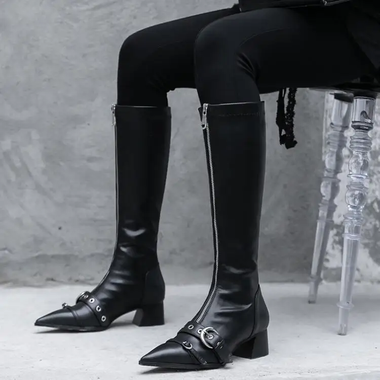 

Runway Winter Boots Women Pointed Toe Front Zipper Zapatos De Mujer Cool Metallic Buckle Ladies Booties Middle Chunky Heels