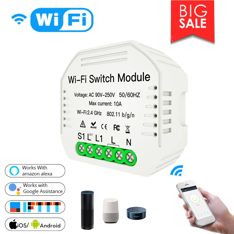 

Smart life/Tuya remote control Smart WiFi Switch Module Hidden Smart light Switch 1/2 Way 90-250V Work With Alexa Google Home