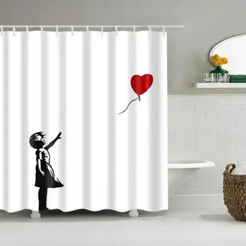 

Waterproof Thicken White Shower Curtain Red Balloon Little Girl Mildew Proof Bath Tub Shower Curtain with 12 pcs Hooks
