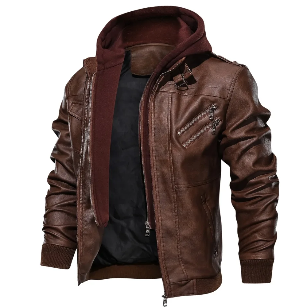 Мужская кожаная куртка, повседневная мотоциклетная куртка со съемным капюшоном, Куртки из искусственной кожи, Прямая поставка