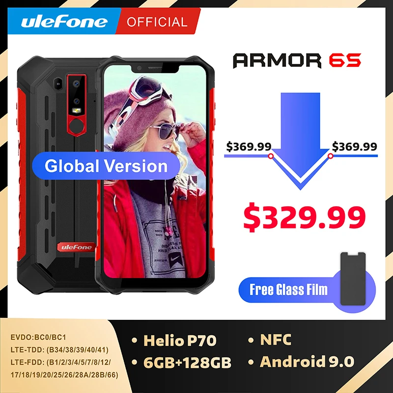 

Ulefone Armor 6S Waterproof IP68 NFC Rugged Mobile Phone Helio P70 Otca-core Android 9.0 6GB 128GB wireless charge Smartphone