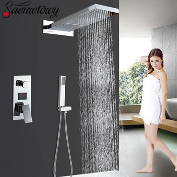 

Chrome Digital Display Waterfall Shower Faucet Concealed Shower Column Hot And Cold Mixing Valve Shower Faucet Bathrrom Faucet