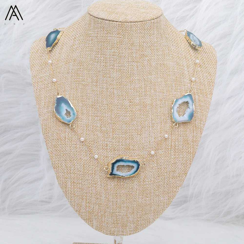Blue Модные женские круглые бусины барочного жемчуга Druzy Geode Agates золотое ожерелье для женщин подарок на день рождения N0074AMEH - Окраска металла: Blue