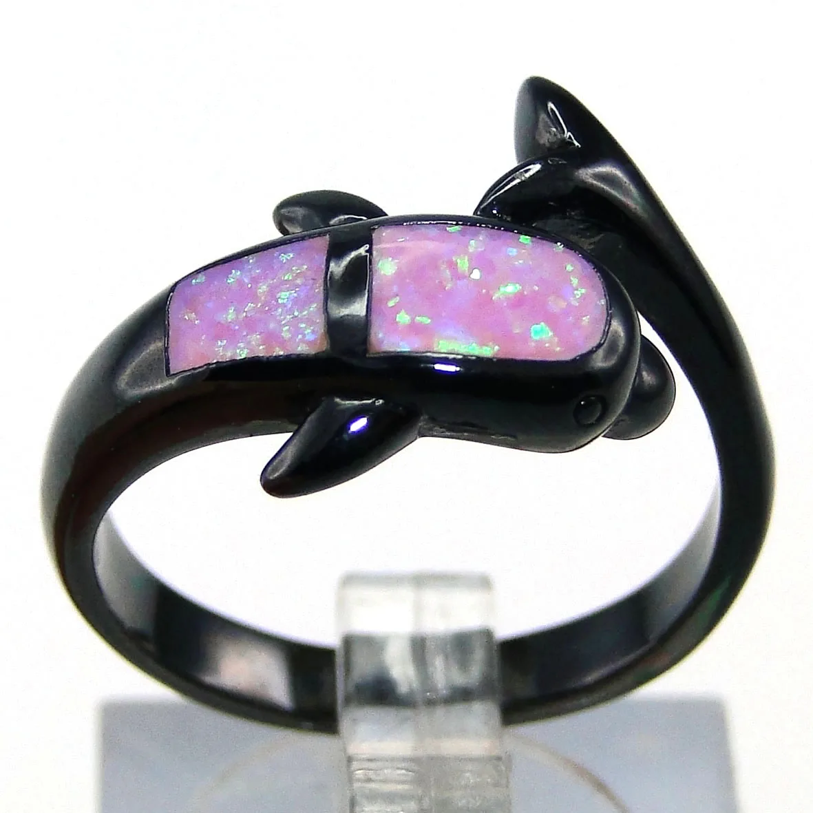 

Women's Blue Green Fire Opal Inlay and Cubic Zirconia Pink Rhodium Plated Ring