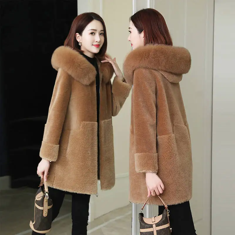 Новое пальто из искусственного меха с капюшоном с высокой талией Модное изящное длинное пальто куртка с капюшоном из искусственного меха воротник из искусственного меха лисы