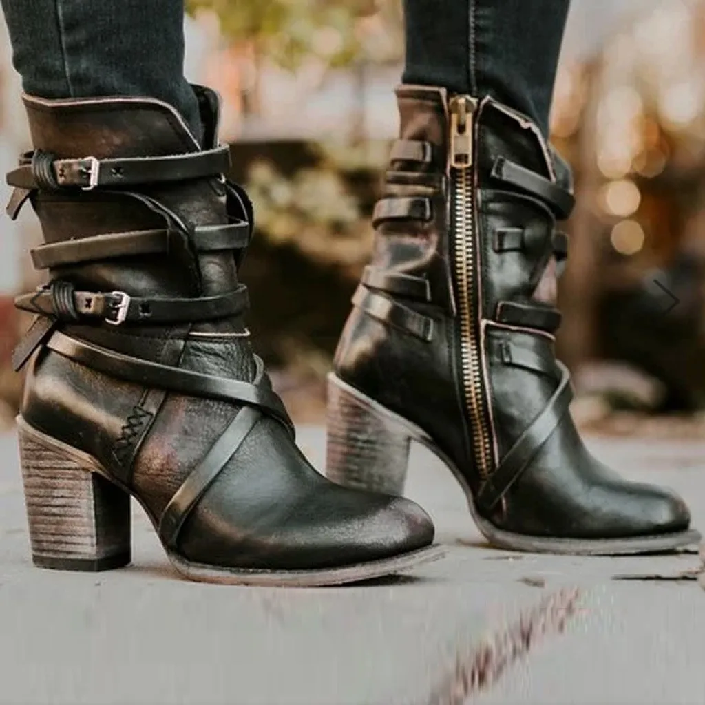 Women's boots long leather shoes women platform winter 2019 Women Ladies Retro Square Heels Ziper Casual Shoes Rome Boots