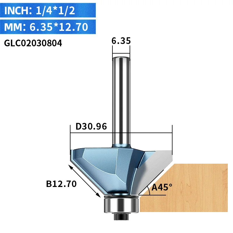 6.35 x 12.7 mm LIDIAO 1 шт. 1/2 ''деревообрабатывающий фреза 45 ° фаска бит с подшипником конической фрезы для дерева Концевая фреза для обрезки машины - Длина режущей кромки: 6.35 x 12.7 mm