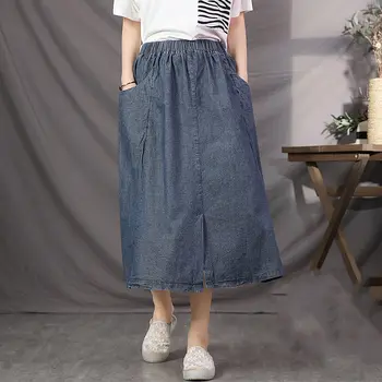 

Casual Loose Denim Long Skirt 2020 Summer Thin Skirt Outer Bottoms Breathable Elastic Waist Women Skirt Oversized k933