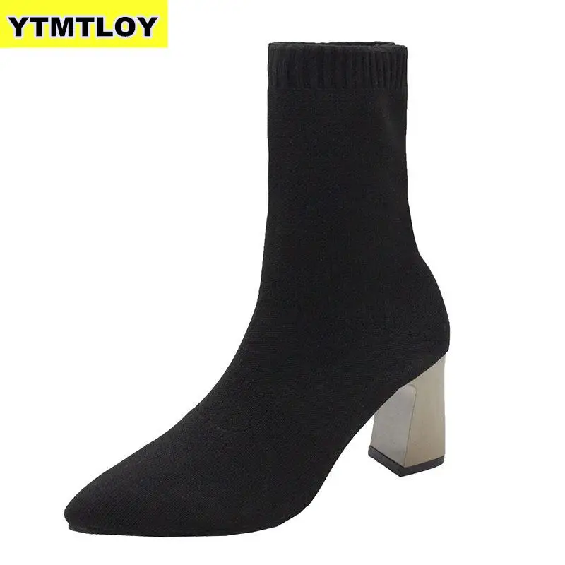 

Fashion Ankle Elastic Sock Boots Chunky High Heels Stretch Women Autumn Sexy Booties Pointed Toe Pump Zapatos De Mujer