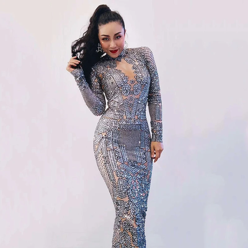 Серебряные стразы, спандекс, платье для женщин, день рождения, празднование, платья, наряд, одежда для танцоров, бар, выпускной, певица, длинное платье, DT1682