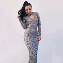 Серебряные стразы, спандекс, платье для женщин, день рождения, празднование, платья, наряд, одежда для танцоров, бар, выпускной, певица, длинное платье, DT1682