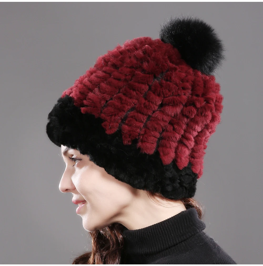 DIY Good Stretch Natural Rex Rabbit Fur Hat Women Winter Warm Knitted Real Rex Rabbit Fur Caps Big Fox Fur Pompoms Beanies Cap