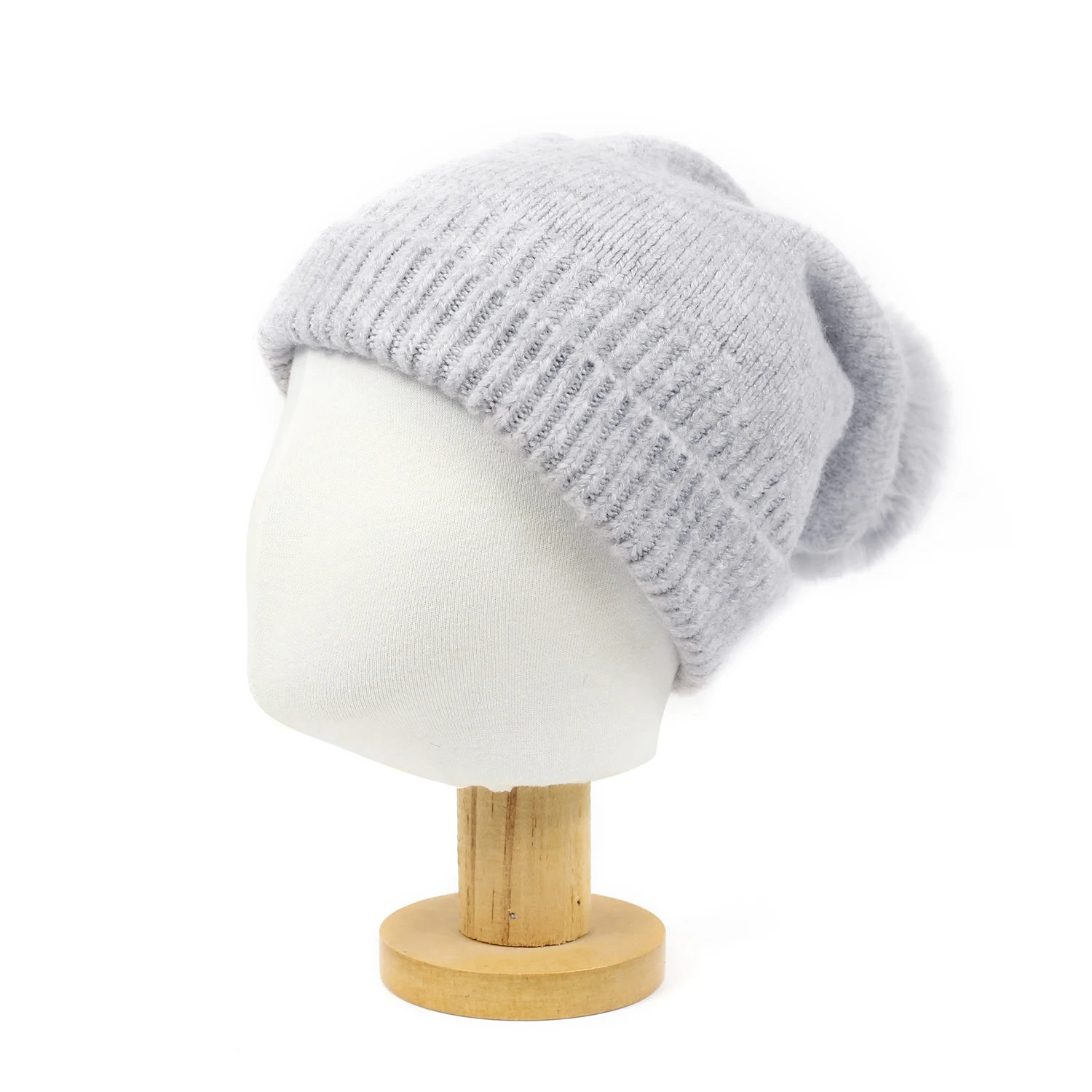 

2020 New Girls Heather Grey Knit Slouchy Hat Warm Soft Faux Fur Pompom Winter Hat Women White Blush Cashmere Beanie