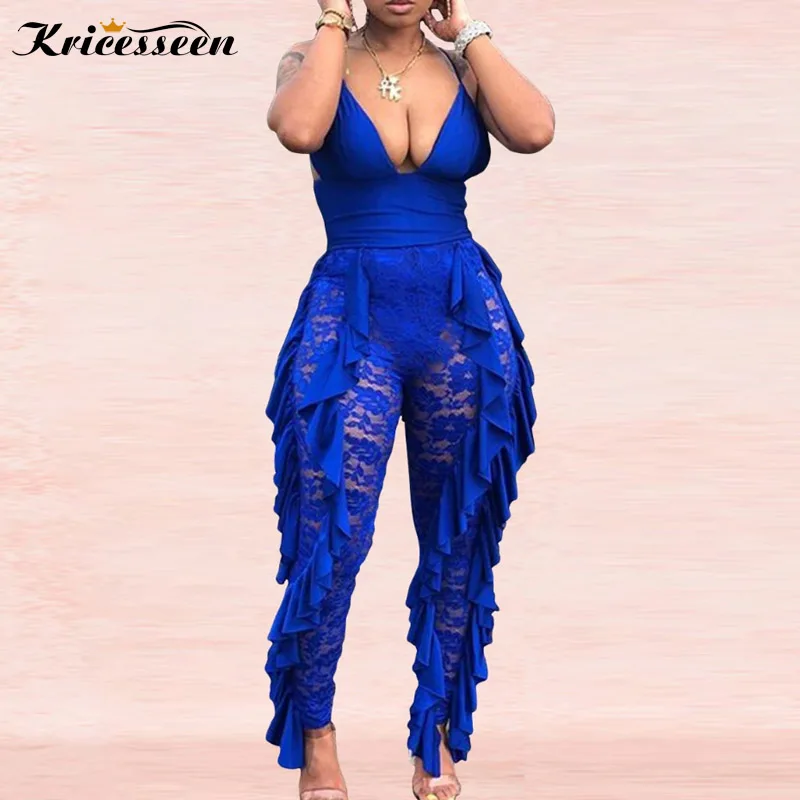 

Kricesseen Sexy Blue See through Ruffle V neck Open Back Jumpsuit Women Sleeveless Bandage Skinny Rompers Clubwear Jumpsuit