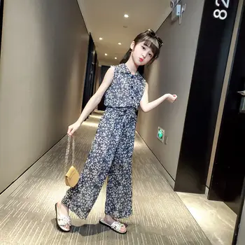 

2020 Summer Girls Clothing Sets Children Sleeveless T-shirt Tops +Wide Leg Pants Print Set Kids Chiffon Baby Girls Clothes W156