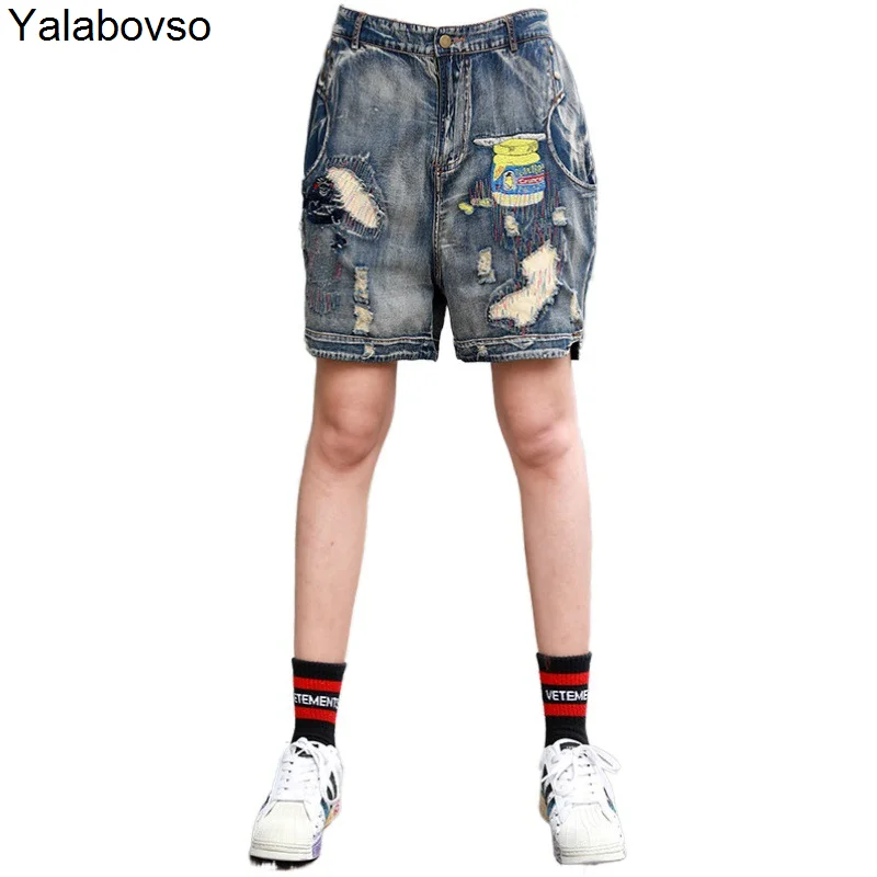 

A Word Shorts With Button Harajuku M L Size Trousers Summer Loose Denim Cowboy Female Summer 2020 High Waist Hole Wide Leg Z2