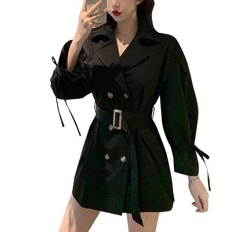 Черный Women Coat Female Mini Coat Autumn Skirt Coat Long Sleeve Solid Color Straped Coat NYZ Shop - Цвет: Черный