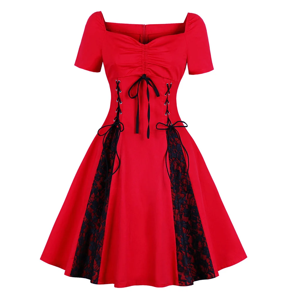 

Vintage Pleated Midi Women Dresses Lace Up Patchwork Prom Party Dresses Red 4XL Short Sleeve Back Zipper Elegant Plus Size Dress