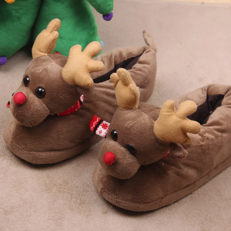 Женские домашние тапочки; милая Рождественская обувь с рисунком оленя; женская зимняя обувь из флока без застежки; Женская Нескользящая домашняя обувь для девочек