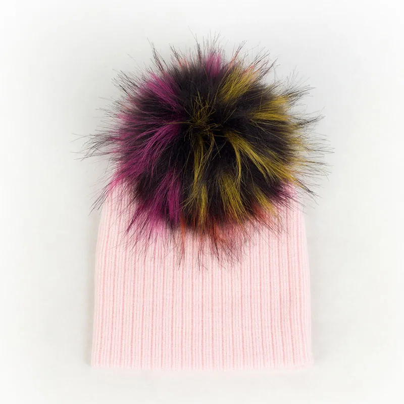 Light pink23 Autumn Winter Newborn Baby Girls Boys Kids Soft Cute Wool Hats Solid Color Ribbed Beanies Hats with Faux Fur Pompom Baby Hat - Цвет: Light pink23