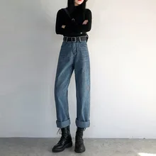 Винтажные женские хлопковые джинсы с высокой талией, Свободные повседневные Модные, женские широкие джинсы, уличная одежда, штаны-шаровары