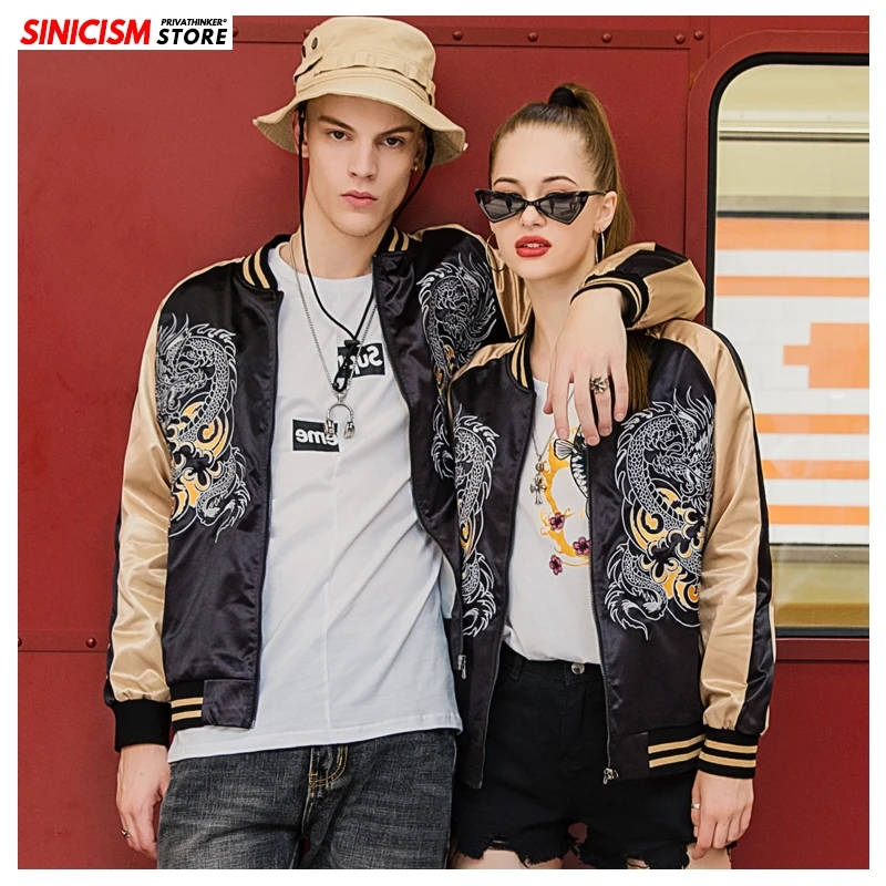 

Sinicism Store Chinese Dragon Embroidery Men Women Bomber Jackets 2020 Autumn Hip Hop Coats Streetwear Outwear Slim Jackets