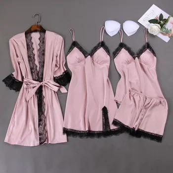 

4PCS Sleep Set Female Pajamas Suit Satin Kimono Robe Gown Sexy Sleepwear Nightwear Pyjamas Lace Patchwork Intimate Lingerie