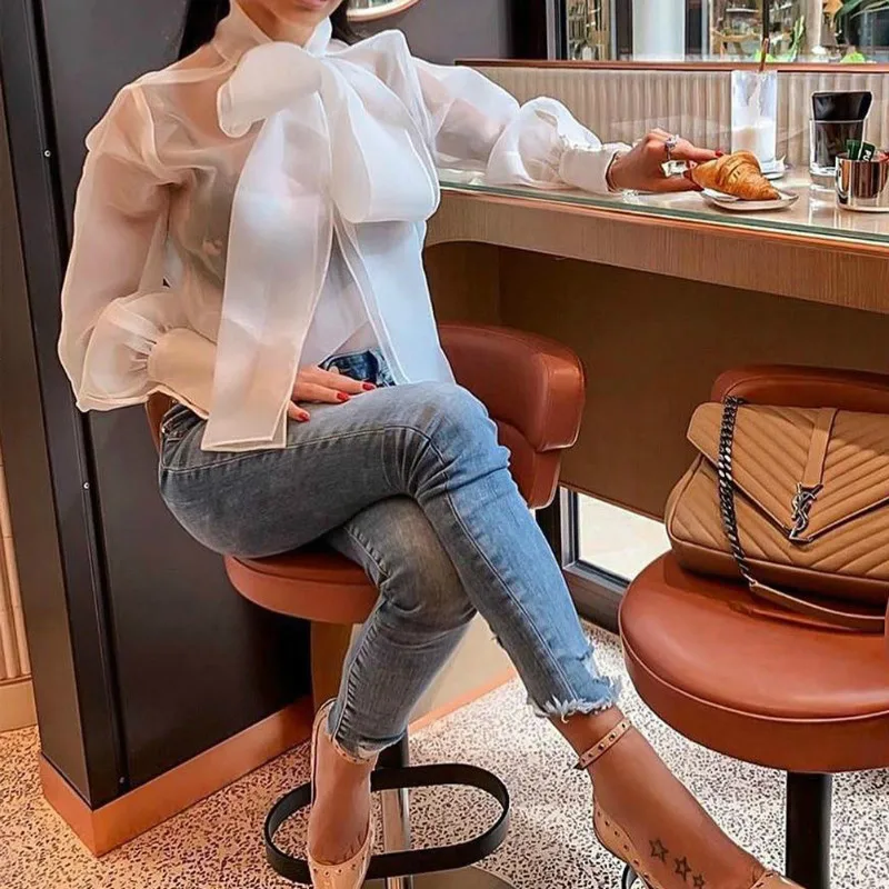 

2019 Fashion Women's Ladies Summer Long Sleeve See Through Big Bowknot Shirt Loose Casual Evening Party Tops T-Shirt