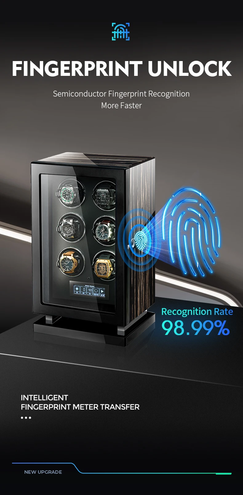 Luxury 4-Slot Automatic Watch Winder with Fingerprint Unlock, Touchscreen Control, Inte... - SKU LAWW1600 - UGI Packaging