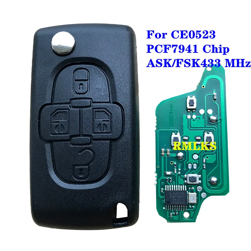 4 кнопки дистанционного ключа для автомобиля peugeot 807 1007 CE0523 ID46 PCF7941 чип HU83 VA2 Blade ASK FSK 433 МГц сигнал для Citroen