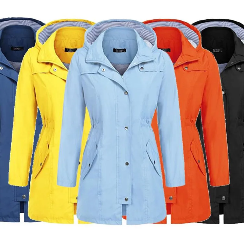 

The new women's waterproof coat for autumn 2019 is casual, loose, waist-tight, hooded and medium length for women's outdoor wate