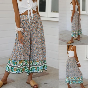 

Printed Wide Leg Pants 2020 Summer Chiffon Pants for Women Elastic Waist Casual Bottom Ankle-Length Pants Ladies Loose Trousers