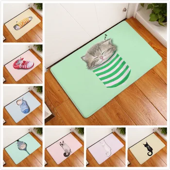 

40x60/50x80 Cm Cute Cat Non-slip Door Mat Thermal Transfer Flannel Foot Pad Bedroom Kitchen Entrance Floor Mat Home Decoration