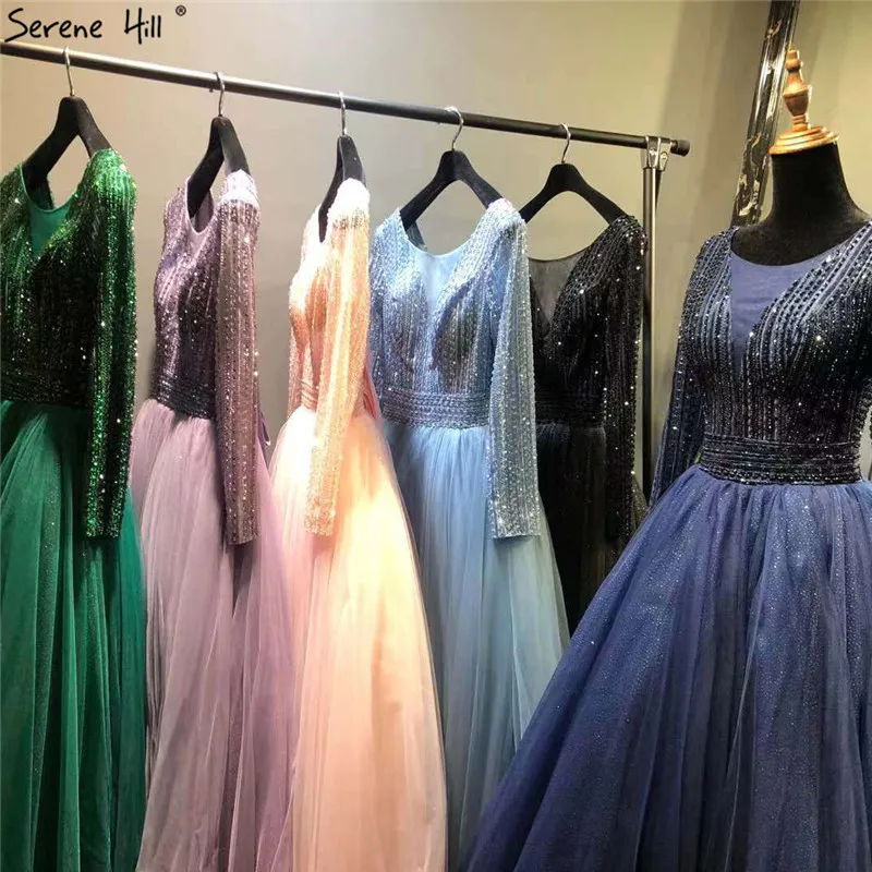 Dubai Pink V-Neck Lace Up Prom Dresses 2020 Long Sleeves Sequins Beading A-Line Long Prom Gowns Serene Hill BLA70237