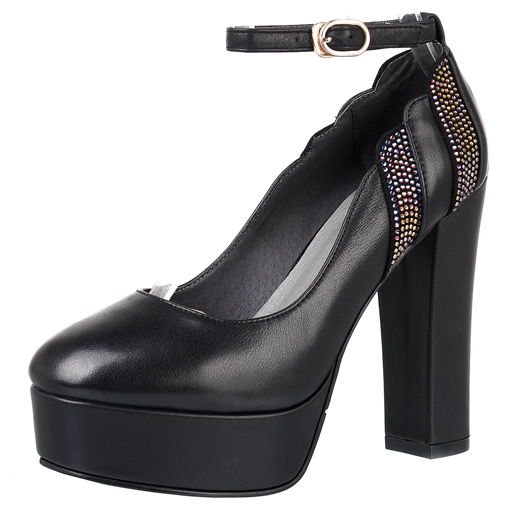 

DORATASIA Girl Genuine Leather Platform Ankle Strap Pumps Elegant Round Toe Shallow Pumps Women High Heels Ol Shoes Woman