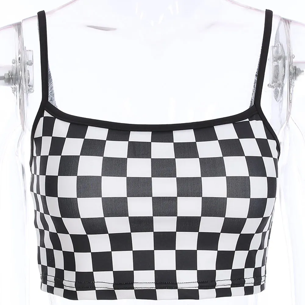 Лето, сексуальный тонкий топ на бретелях, уличная одежда без рукавов, Короткие футболки, рубашки, рубашки, клетчатые женские рубашки, повседневная одежда