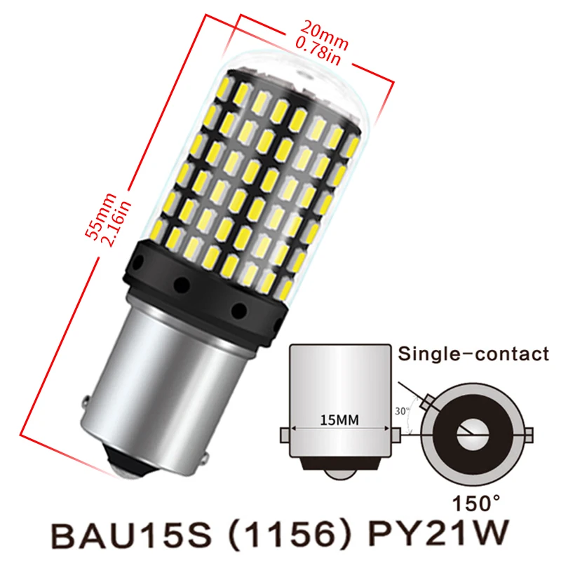 KAFOLE 1x No Hyper Flash BA15S P21W BAU15S PY21W Front Rear Turn Signal Bulb Canbus Error Free Led Amber Yellow 3014 Chip 144SMD