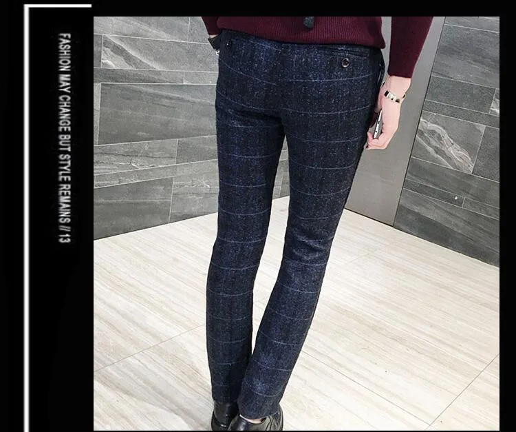 Wool Thick Plaid Pants Men Slim Fit 