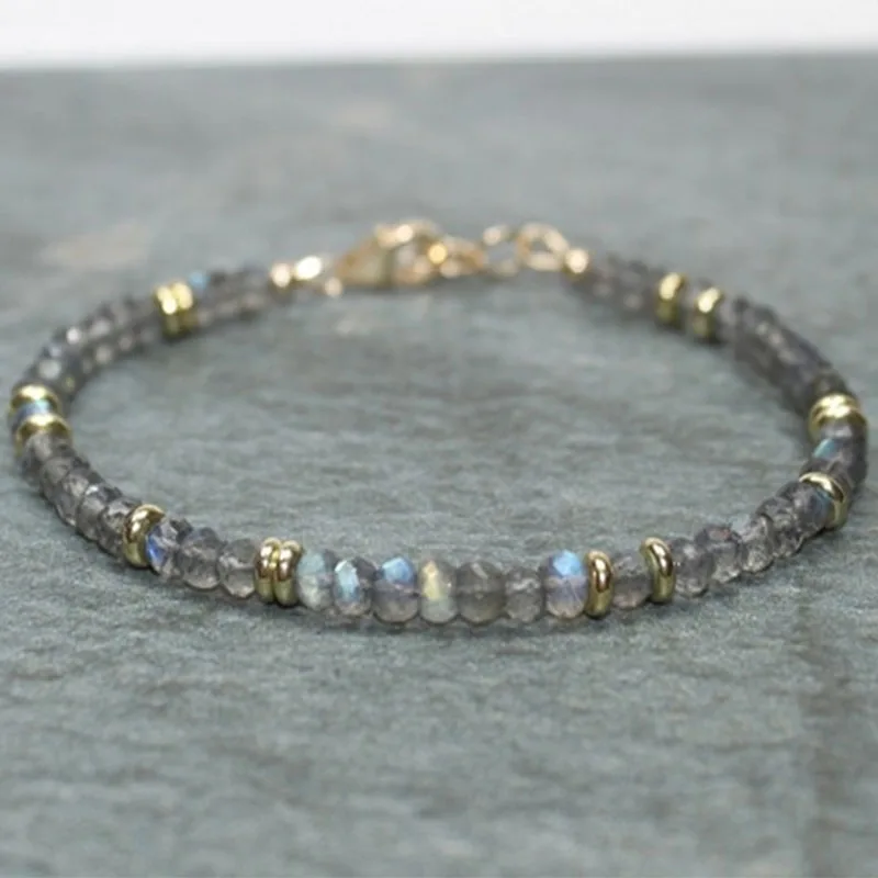 Labradorite Bracelet Labradorite Brass Blue Flash Beaded Layering Bracelet Black Beaded Bracelets Womens Jewelry