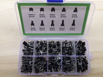 

10value*20pc=200pc 6*6*4.3/5/6/7/8/9/10/11/12/13mm height Press Switch Box 6x6mm Assortment micro touch button switch kit set