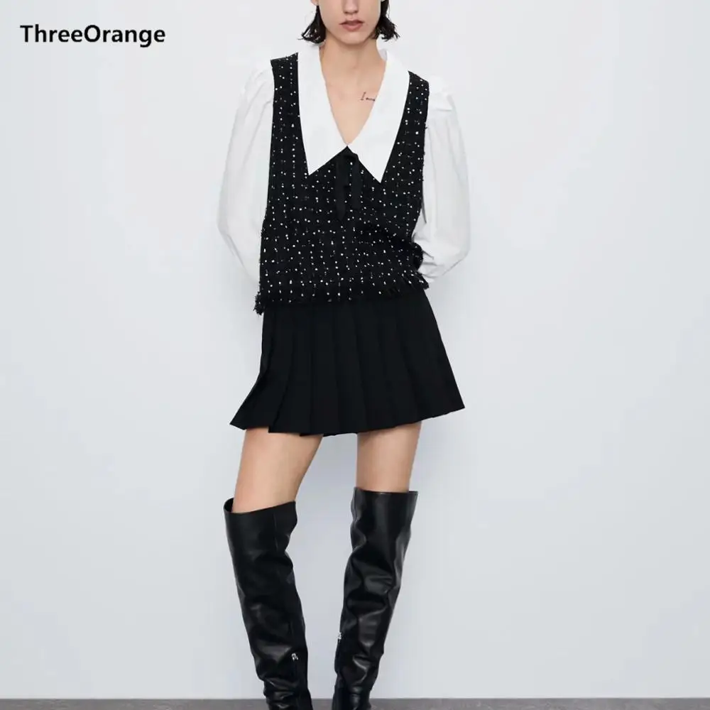 Женская блузка ZA 2020 белая черная с большим воротником шифоновая рукавами