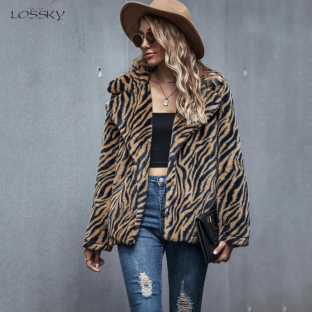 Jacket Women Fall Fashion Vintage Animal Print Coat Ladies Autumn Winter Warm Faux Fur Plush Pastel Clothes Cardigan Outwear | Женская
