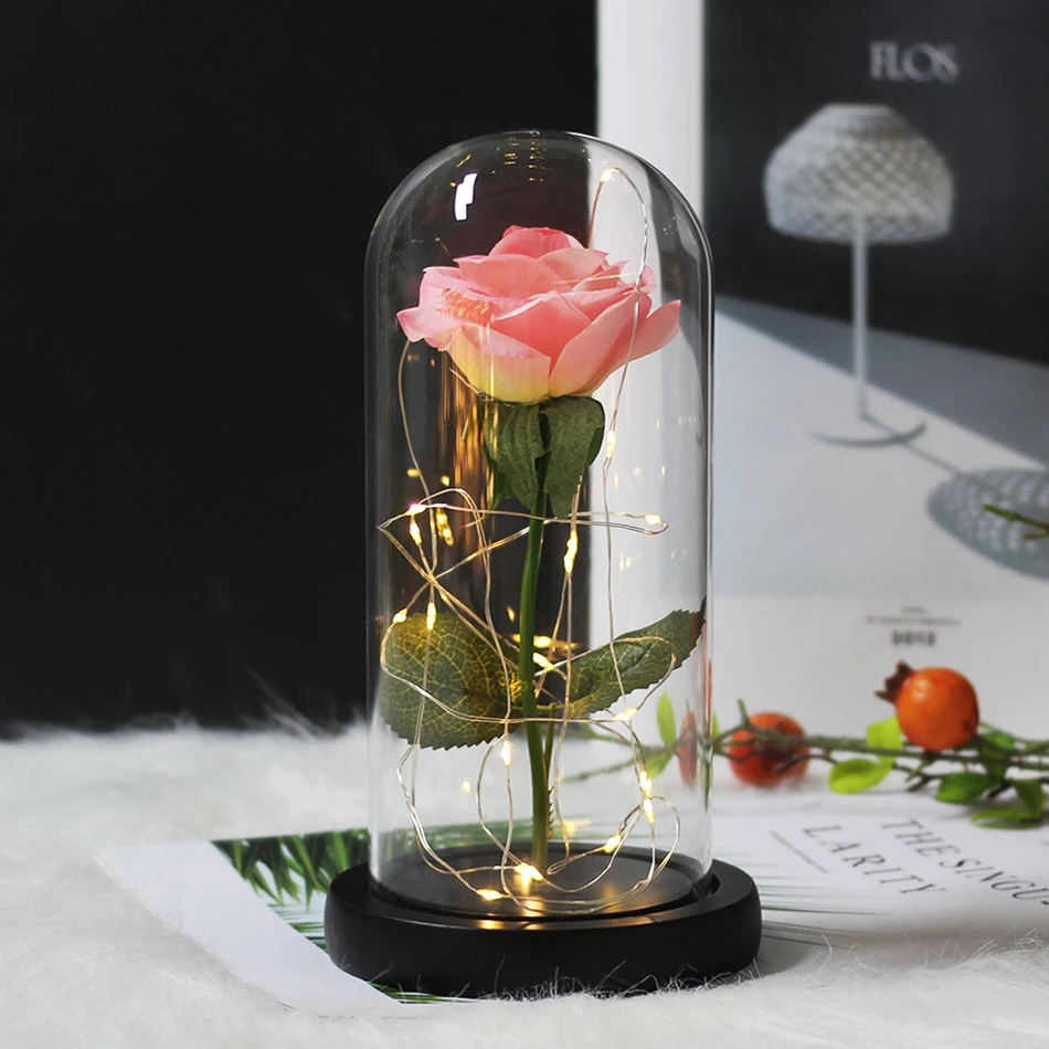 Горячая Красота и чудовище позолоченный красная роза светодиодный светильник в стеклянном куполе для свадебной вечеринки подарок на день матери - Цвет: Light Pink