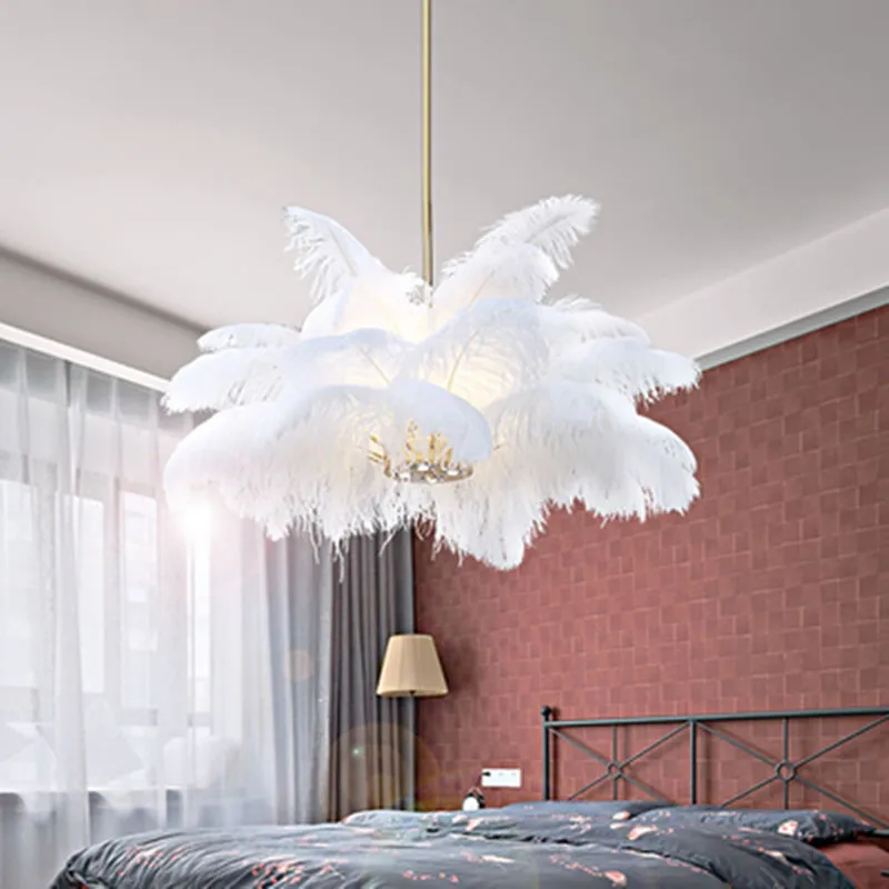 Nordic LD Pendant Lights Natural Ostrich Feather LOFT LED Pendant Lamp Bedroom Living Room Restaurant Lighting Deco Hanging Lamp