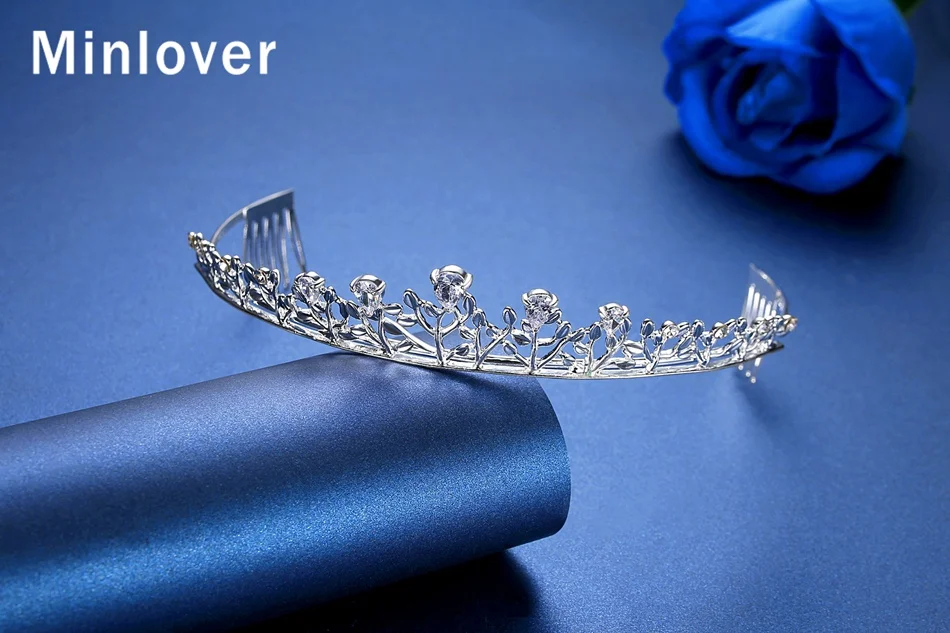 Minlover, циркониевые короны невесты, диадемы с гребнем, серебряные свадебные аксессуары для волос, повязка на голову, пышное украшение для принцессы, HG227
